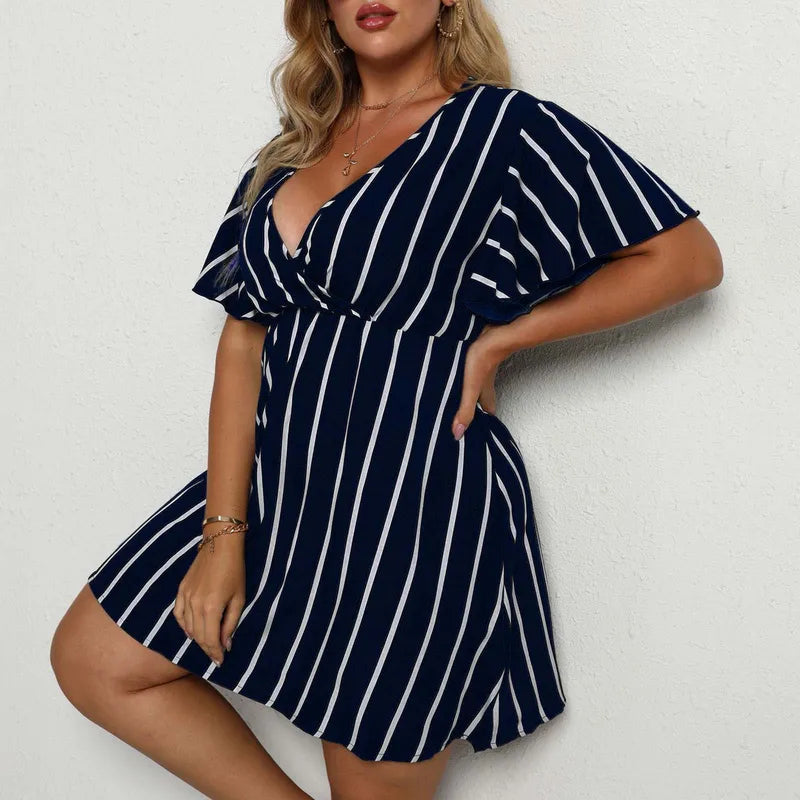 Robe Bohème À Rayures Pour Femmes Avec Col En V Et Manches Courtes, En Tissu Extensible Quatre Directions