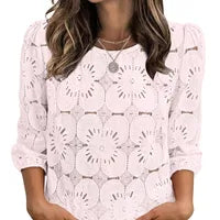 Blouse Ajourée En Dentelle À Manches 3/4 De Style Décontracté Unie À Enfiler