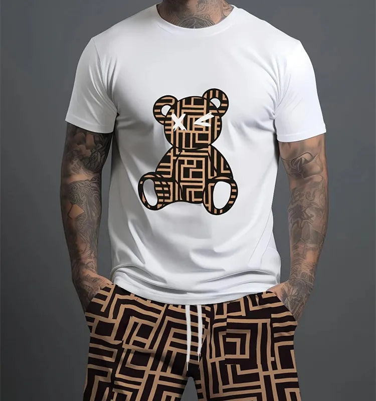 Ensemble Croix-Short Imprimé Ours 3D Pour Homme Border-T À Manches-Chemise Costume Sport Super Plus Taille Top Casual Lâche En Plein Air Été