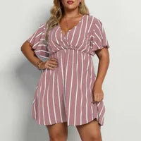 Robe Bohème À Rayures Pour Femmes Avec Col En V Et Manches Courtes, En Tissu Extensible Quatre Directions