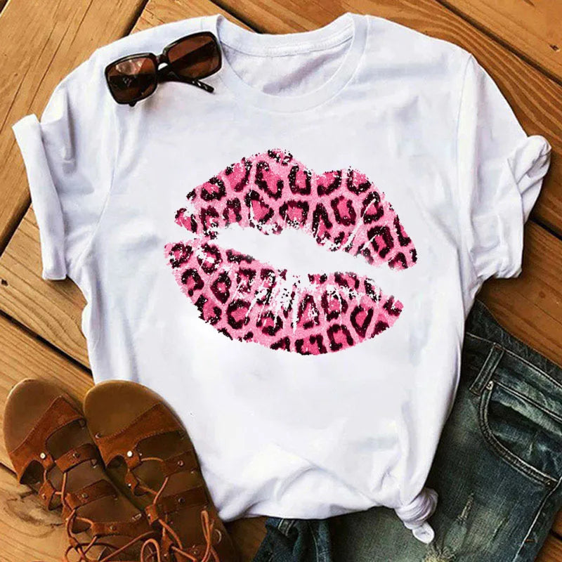 T-shirt Femme Élégant À Manches Courtes En Polyester Avec Impression Bisous 💋