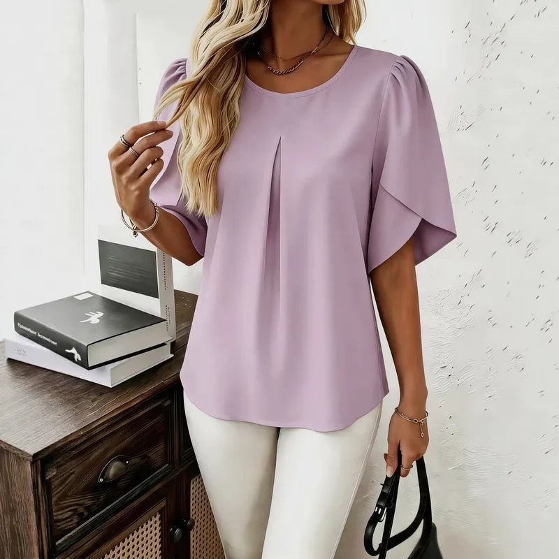Chemise Femme À Enfiler Unie En Polyester Avec Manches Courtes Et Finition En Tissu Patchwork