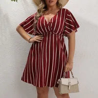 Robe Bohème À Rayures Pour Femmes Avec Col En V Et Manches Courtes, En Tissu Extensible Quatre Directions