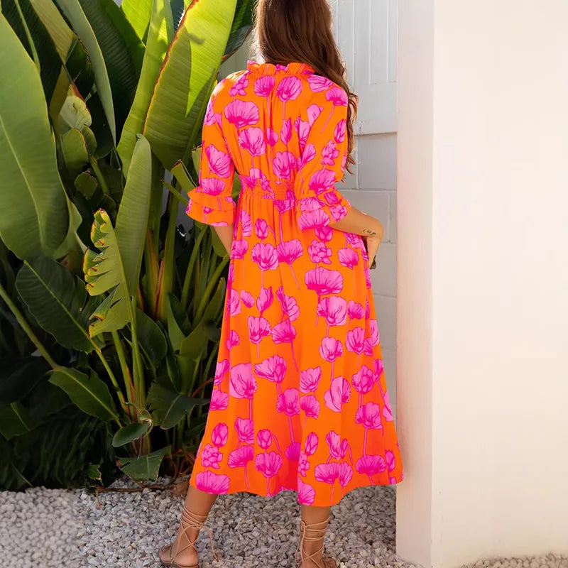 Robe À Fleurs Décontractée Avec Manches 3/4 Et Encolure En V Profond