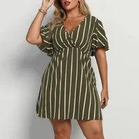 Robe Bohème À Rayures Pour Femmes Avec Col En V Et Manches Courtes, En Tissu Extensible Quatre Directions
