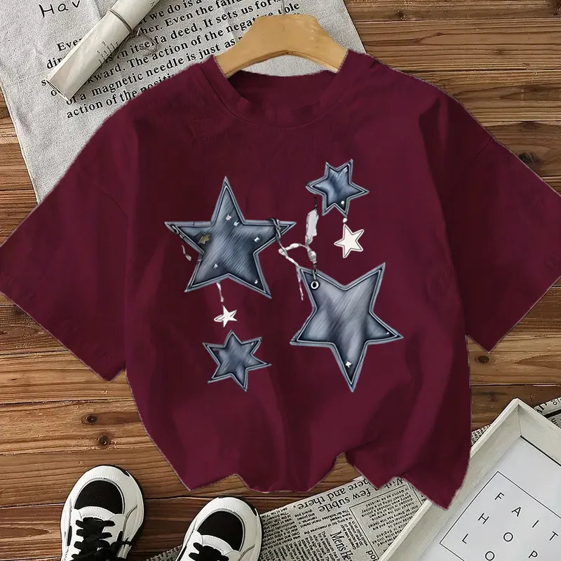 T-shirt Femme En Coton Avec Motif Étoile Et Manches Courtes