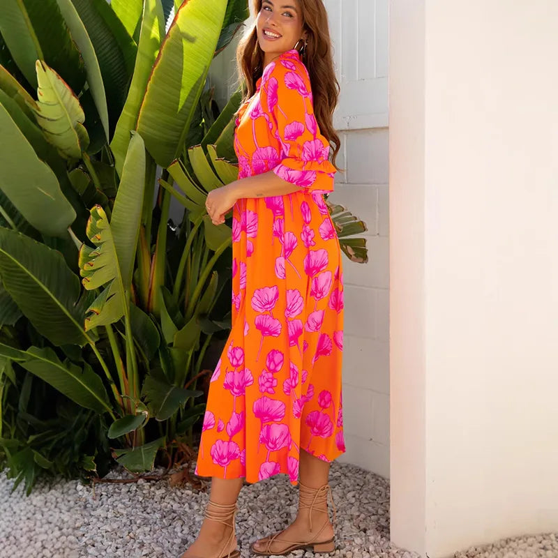 Robe À Fleurs Décontractée Avec Manches 3/4 Et Encolure En V Profond
