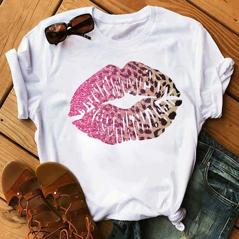 T-shirt Femme Élégant À Manches Courtes En Polyester Avec Impression Bisous 💋