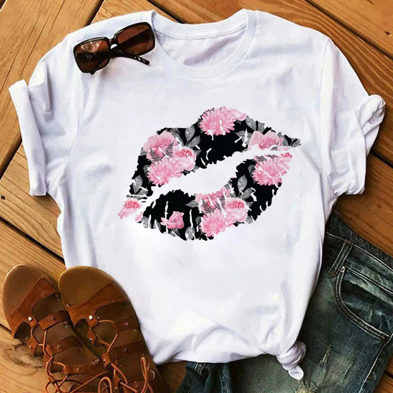 T-shirt Femme Élégant À Manches Courtes En Polyester Avec Impression Bisous 💋