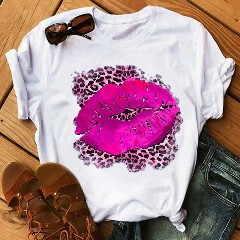 T-shirt Femme Élégant À Manches Courtes En Polyester Avec Impression Bisous 💋