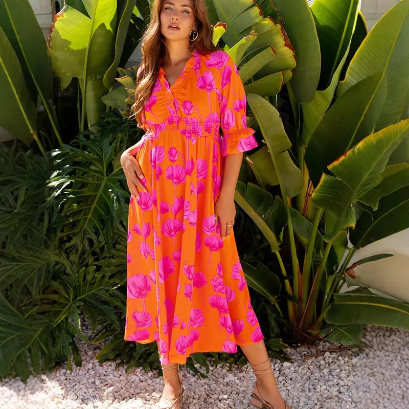 Robe À Fleurs Décontractée Avec Manches 3/4 Et Encolure En V Profond