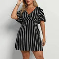 Robe Bohème À Rayures Pour Femmes Avec Col En V Et Manches Courtes, En Tissu Extensible Quatre Directions