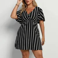 Robe Bohème À Rayures Pour Femmes Avec Col En V Et Manches Courtes, En Tissu Extensible Quatre Directions