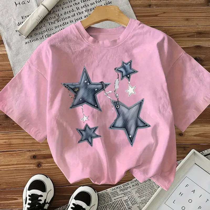 T-shirt Femme En Coton Avec Motif Étoile Et Manches Courtes