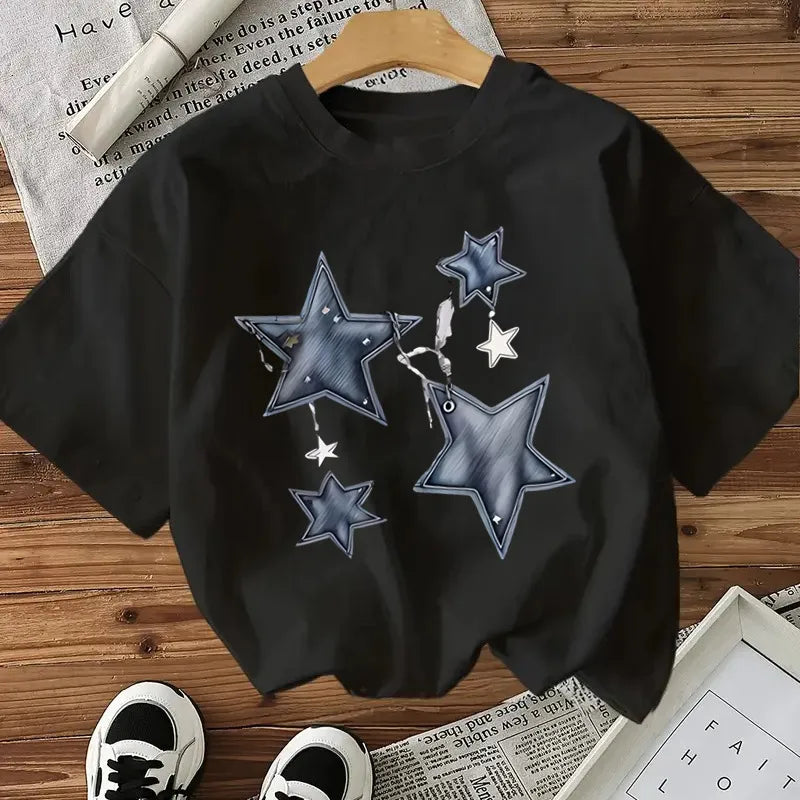 T-shirt Femme En Coton Avec Motif Étoile Et Manches Courtes