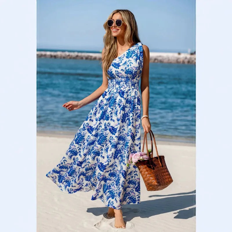 Robe Bohème À Fleurs Sans Manches Avec Col Incliné Pour Voyage