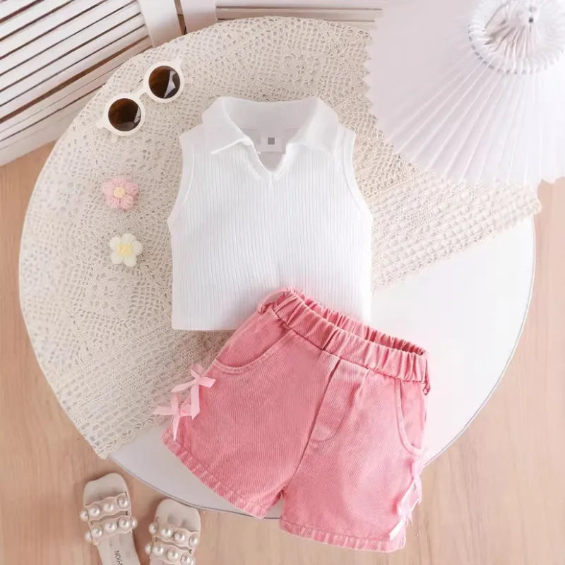 Ensemble Pantalon Fille 2 Pièces Rose Sans Manches En Jean Uni Confortable Et Tendance