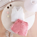 Ensemble Pantalon Fille 2 Pièces Rose Sans Manches En Jean Uni Confortable Et Tendance