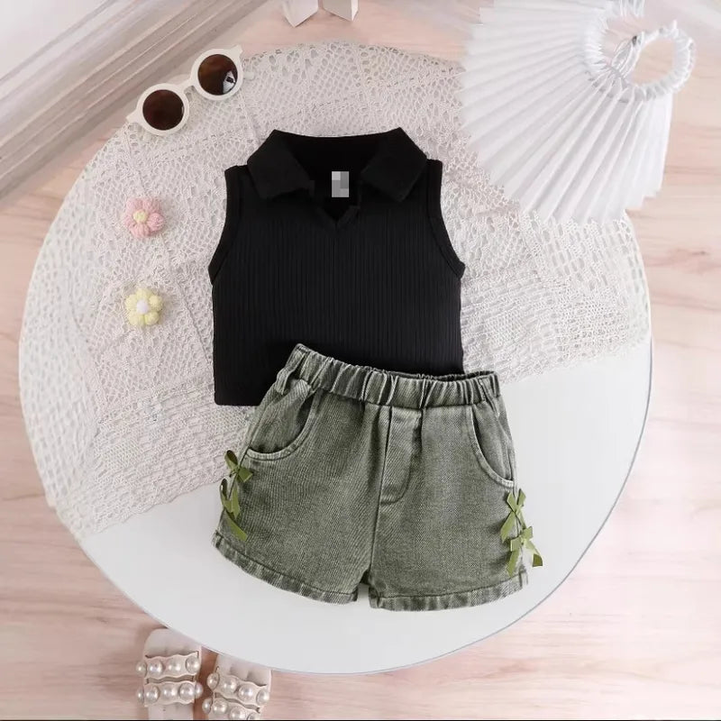 Ensemble Pantalon Fille 2 Pièces Rose Sans Manches En Jean Uni Confortable Et Tendance