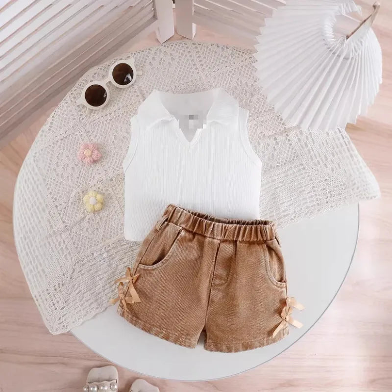 Ensemble Pantalon Fille 2 Pièces Rose Sans Manches En Jean Uni Confortable Et Tendance