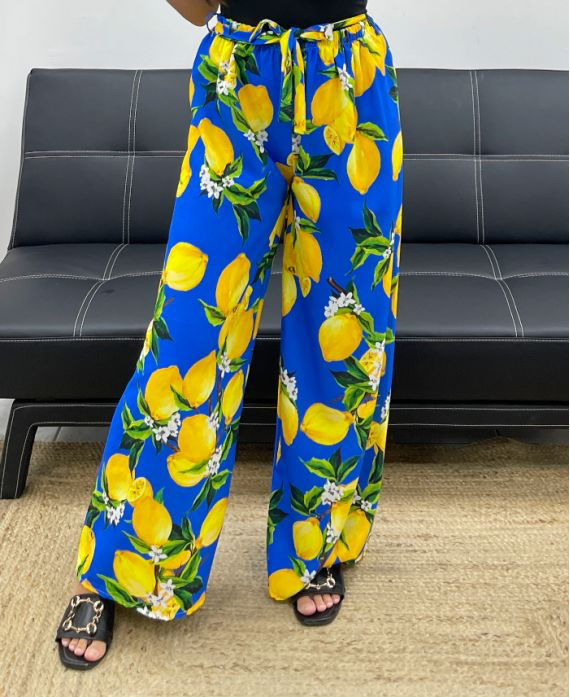 "Lemon" Royal Blue Palazzo Trousers – High-Waisted Tie – Made in Italy