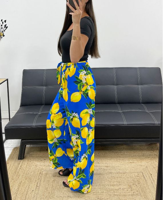 "Lemon" Royal Blue Palazzo Trousers – High-Waisted Tie – Made in Italy