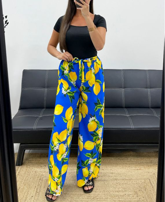 "Lemon" Royal Blue Palazzo Trousers – High-Waisted Tie – Made in Italy