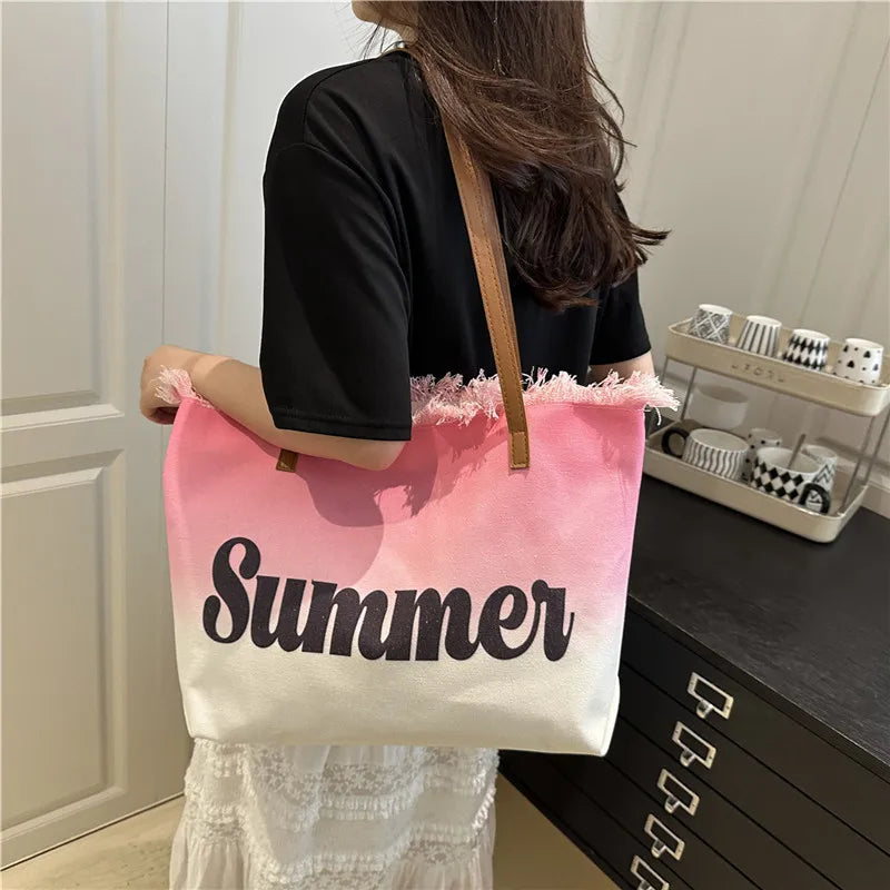 Grand Sac À Main En Toile Brodé Avec Lettres Tendance À Grande Capacité Pour Femmes Avec Pompon Printemps Été