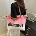 Grand Sac À Main En Toile Brodé Avec Lettres Tendance À Grande Capacité Pour Femmes Avec Pompon Printemps Été
