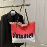 Grand Sac À Main En Toile Brodé Avec Lettres Tendance À Grande Capacité Pour Femmes Avec Pompon Printemps Été