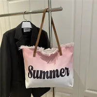Grand Sac À Main En Toile Brodé Avec Lettres Tendance À Grande Capacité Pour Femmes Avec Pompon Printemps Été