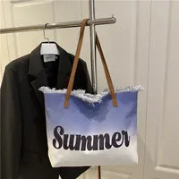 Grand Sac À Main En Toile Brodé Avec Lettres Tendance À Grande Capacité Pour Femmes Avec Pompon Printemps Été