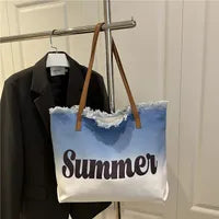 Grand Sac À Main En Toile Brodé Avec Lettres Tendance À Grande Capacité Pour Femmes Avec Pompon Printemps Été
