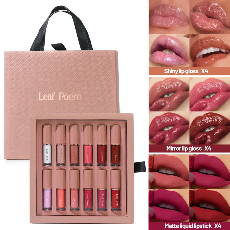 12 Couleurs Ensemble De Gloss À Lèvres Nacré Brillant Imperméable Anti-adhésif Tasse Rouge À Lèvres Mat Miroir Brillant Eau Gloss Ensemble De Glace À Lèvres Multicolore