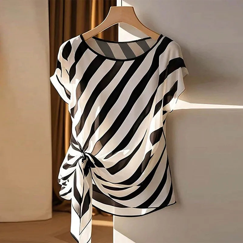Chemise Rayée Col Rond avec Nœud – Femme