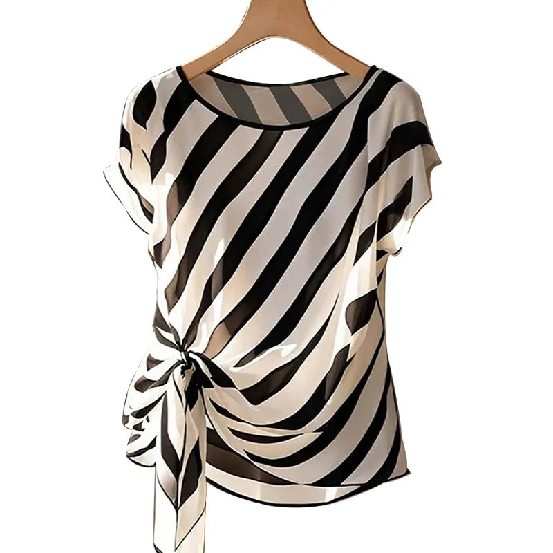 Chemise Rayée Col Rond avec Nœud – Femme