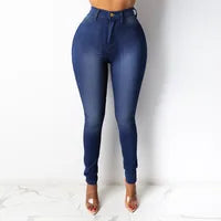 Jeans Femme Décontracté Style Simple En Denim Coton Coupe Slim Taille Haute Longueur Totale