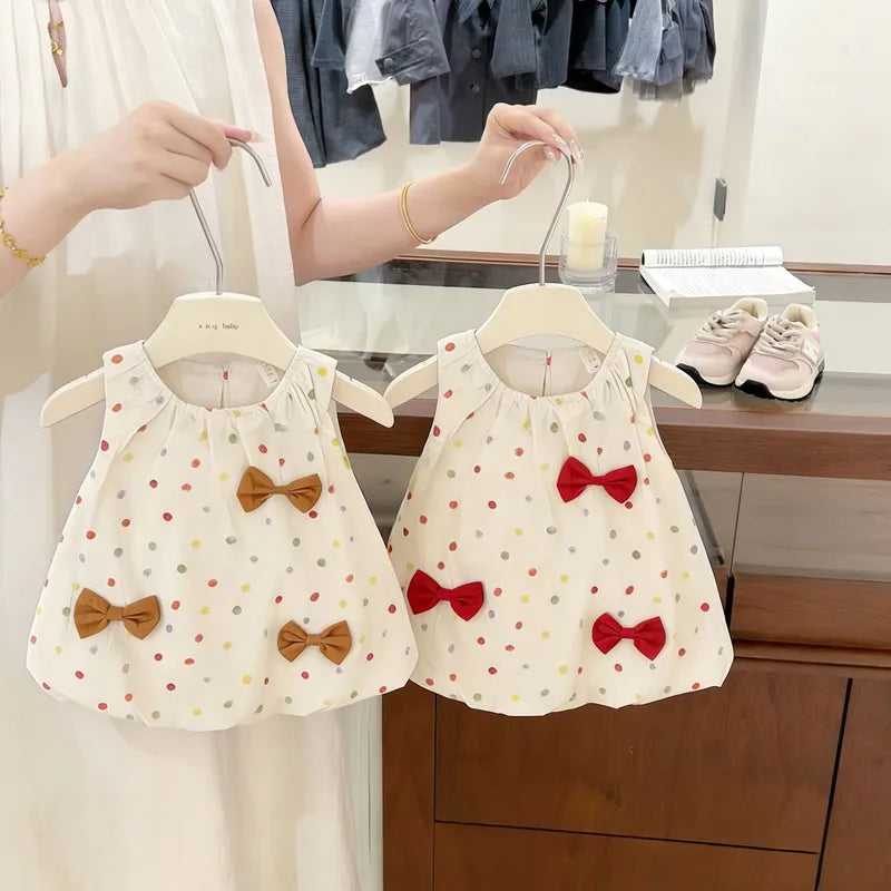 Robe D'été Sans Manches Pour Fille Bébé Avec Motif À Points Ronds En Coton À Plus De 70%, Couleur Rouge