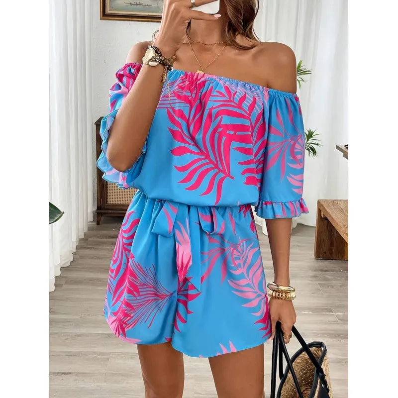 Combinaison Femme À Motif Tropical Avec Shorts, Type Dessus Nounours En Polyester Avec Volants