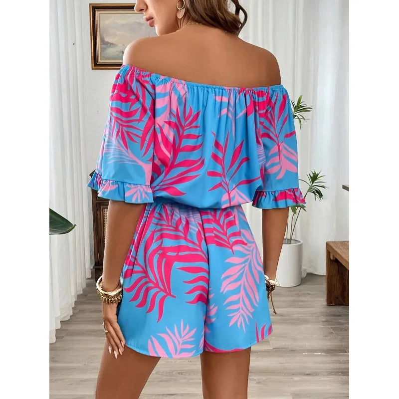 Combinaison Femme À Motif Tropical Avec Shorts, Type Dessus Nounours En Polyester Avec Volants