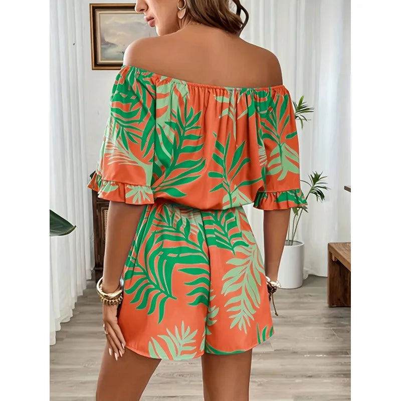 Combinaison Femme À Motif Tropical Avec Shorts, Type Dessus Nounours En Polyester Avec Volants