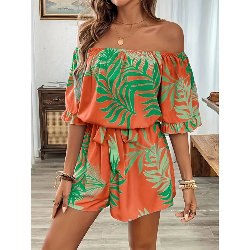 Combinaison Femme À Motif Tropical Avec Shorts, Type Dessus Nounours En Polyester Avec Volants