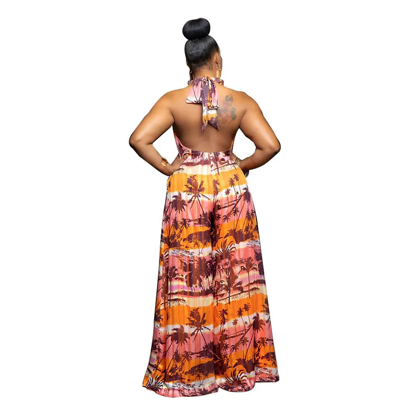 Combinaison Pantalon Longue Femme En Polyester Sans Manches Coupe Ample Avec Imprimé, Micro Extensible Pour L'été