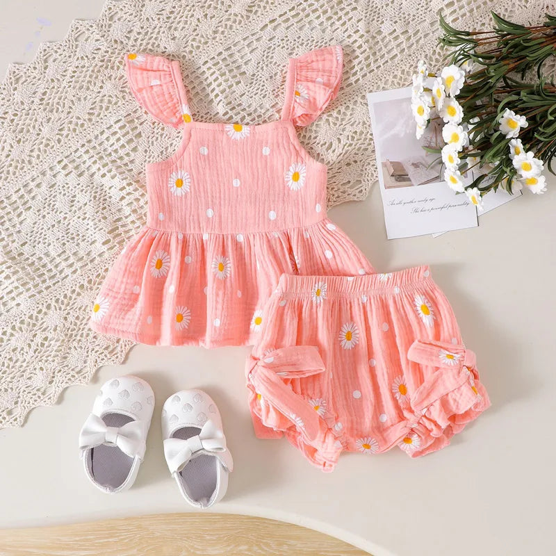 Ensemble Robe Bébé Fille 2 Pièces Motif Marguerite En Coton Style Mignon