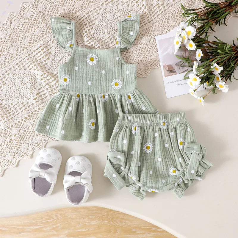 Ensemble Robe Bébé Fille 2 Pièces Motif Marguerite En Coton Style Mignon