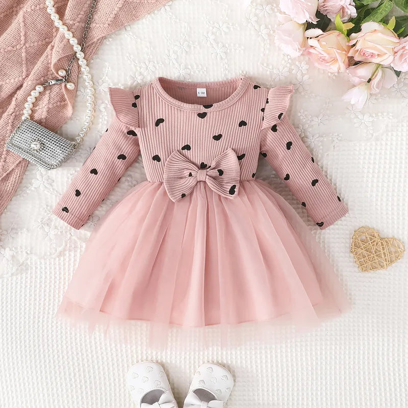 Ensemble Robe Imprimé Cœur Pour Bébé Fille Princesse Printemps Automne Jupe En Tulle Manches Longues Tissu Polyester Vêtements Pour Nourrissons