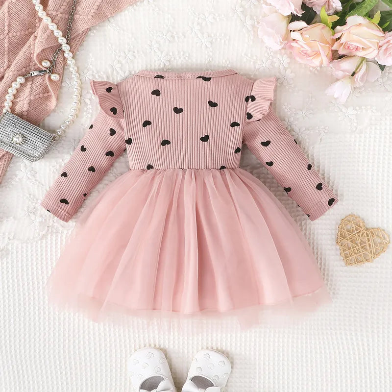 Ensemble Robe Imprimé Cœur Pour Bébé Fille Princesse Printemps Automne Jupe En Tulle Manches Longues Tissu Polyester Vêtements Pour Nourrissons