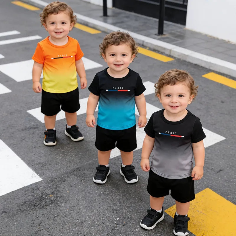Ensemble Pantalon Garçon Bébé Style Décontractée En Polyester Avec Motif Lettre Et Col Rond À Manches Courtes