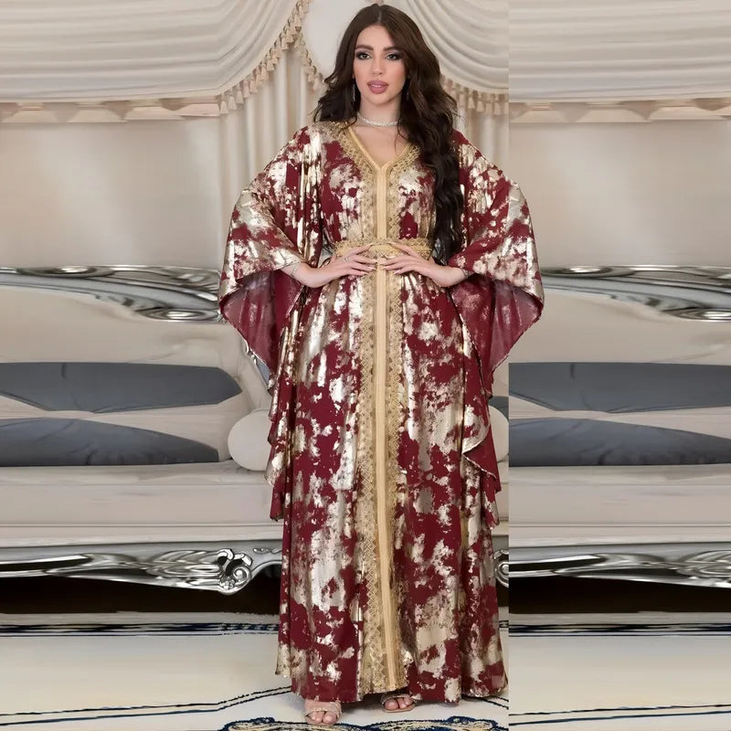 Femmes Style Ethnique Ceinture Géométrique Banquet Col En V Manche Longue Abaya