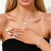 Ensemble De Bijoux Femme Les Gouttelettes D'Eau En Cuivre Plaqué Argent Avec Strass Et Chaîne De Griffe Électrolytique